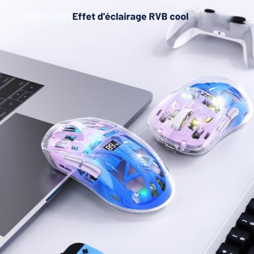 Souris De Jeu Sans Fil A2, Souris De Jeu Pc Double Mode 2,4 G/Bluetooth, Souris Rvb Avec Écran d'Affichage De Batterie, Coque Transparente, Pixart 3212 4000DPI, pour Win/MAC,Violet Crépuscule - Image 7