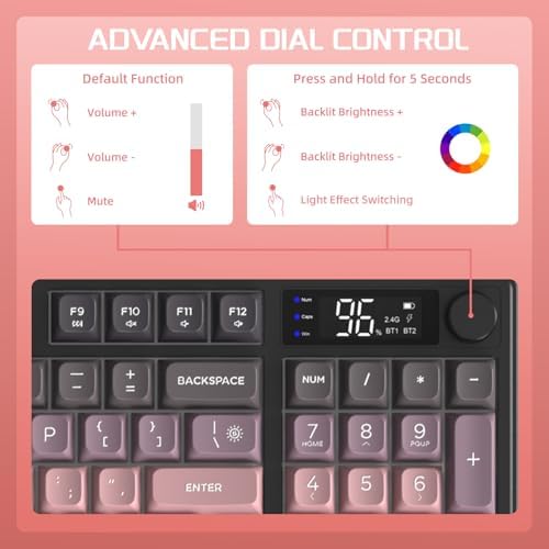 FREEWOLF M96 Clavier de Jeu Membrane sans Fil, Bouton de Commande Bluetooth/2,4 G, Sensation Mécanique, Rétroéclairage LED RVB, écran d'affichage, Touches PBT, 3000 mAh, QWERTY - Rose Dégradé - Image 5