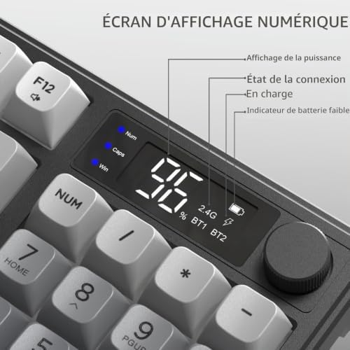 FREEWOLF M96 Clavier de Jeu Membrane sans Fil, Bouton de Commande Bluetooth/2,4 G, Sensation Mécanique, Rétroéclairage LED RVB, écran d'affichage, Touches PBT, 3000 mAh, QWERTY - Noir Dégradé - Image 6