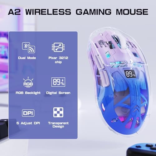 Souris De Jeu Sans Fil A2, Souris De Jeu Pc Double Mode 2,4 G/Bluetooth, Souris Rvb Avec Écran d'Affichage De Batterie, Coque Transparente, Pixart 3212 4000DPI, pour Win/MAC,Violet Crépuscule - Image 3
