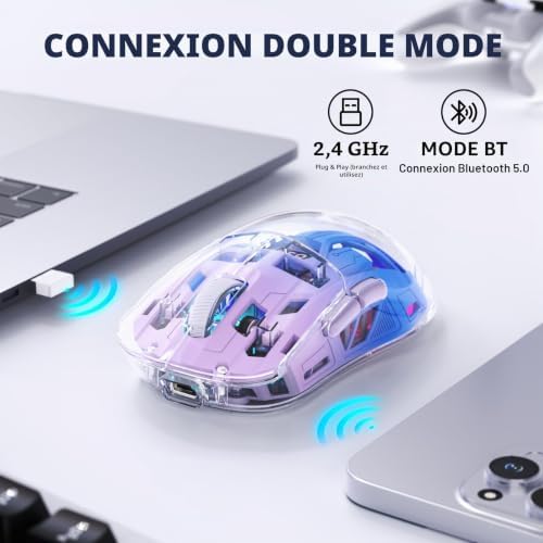 Souris De Jeu Sans Fil A2, Souris De Jeu Pc Double Mode 2,4 G/Bluetooth, Souris Rvb Avec Écran d'Affichage De Batterie, Coque Transparente, Pixart 3212 4000DPI, pour Win/MAC,Violet Crépuscule - Image 4