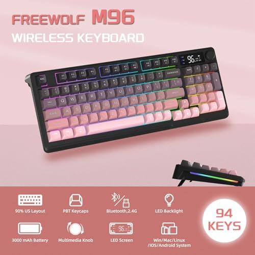 FREEWOLF M96 Clavier de Jeu Membrane sans Fil, Bouton de Commande Bluetooth/2,4 G, Sensation Mécanique, Rétroéclairage LED RVB, écran d'affichage, Touches PBT, 3000 mAh, QWERTY - Rose Dégradé - Image 3