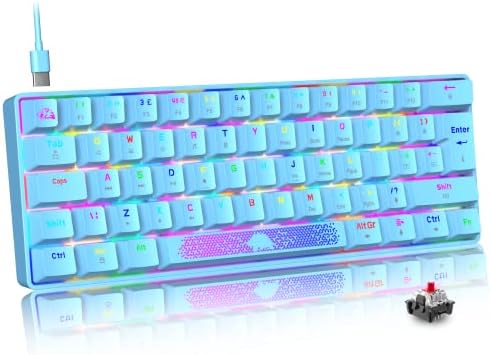 Clavier Mécanique 60% Interrupteur Rouge, Compact 62 Touches USB C Fil RVB Effets Rétroéclairés Clavier Gaming Ergonomique Rétroéclairage LED Arc-en-Ciel Compatible avec PS4, Xbox, PC, MAC - Bleu - Image 2