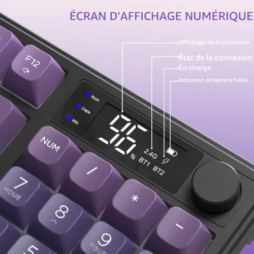 FREEWOLF M96 Clavier de Jeu Membrane sans Fil, Bouton de Commande Bluetooth/2,4 G, Sensation Mécanique, Rétroéclairage LED RVB, écran d'affichage, Touches PBT, 3000 mAh, QWERTY - Violet Dégradé - Image 6