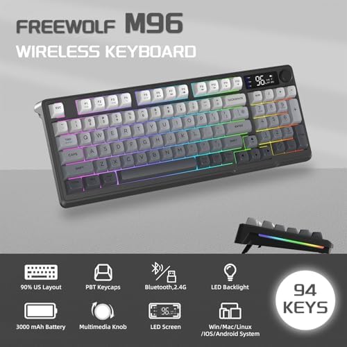 FREEWOLF M96 Clavier de Jeu Membrane sans Fil, Bouton de Commande Bluetooth/2,4 G, Sensation Mécanique, Rétroéclairage LED RVB, écran d'affichage, Touches PBT, 3000 mAh, QWERTY - Noir Dégradé - Image 3