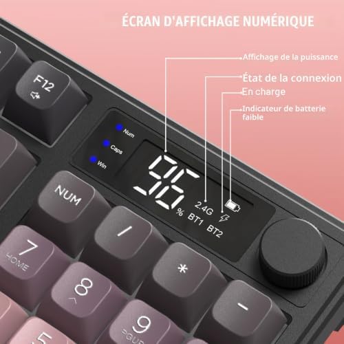 FREEWOLF M96 Clavier de Jeu Membrane sans Fil, Bouton de Commande Bluetooth/2,4 G, Sensation Mécanique, Rétroéclairage LED RVB, écran d'affichage, Touches PBT, 3000 mAh, QWERTY - Rose Dégradé - Image 6