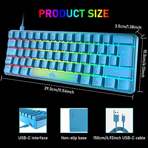 Clavier Mécanique 60% Interrupteur Rouge, Compact 62 Touches USB C Fil RVB Effets Rétroéclairés Clavier Gaming Ergonomique Rétroéclairage LED Arc-en-Ciel Compatible avec PS4, Xbox, PC, MAC - Bleu - Image 6
