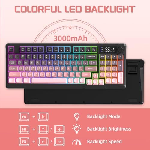 FREEWOLF M96 Clavier de Jeu Membrane sans Fil, Bouton de Commande Bluetooth/2,4 G, Sensation Mécanique, Rétroéclairage LED RVB, écran d'affichage, Touches PBT, 3000 mAh, QWERTY - Rose Dégradé - Image 7