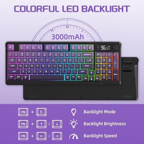 FREEWOLF M96 Clavier de Jeu Membrane sans Fil, Bouton de Commande Bluetooth/2,4 G, Sensation Mécanique, Rétroéclairage LED RVB, écran d'affichage, Touches PBT, 3000 mAh, QWERTY - Violet Dégradé - Image 7