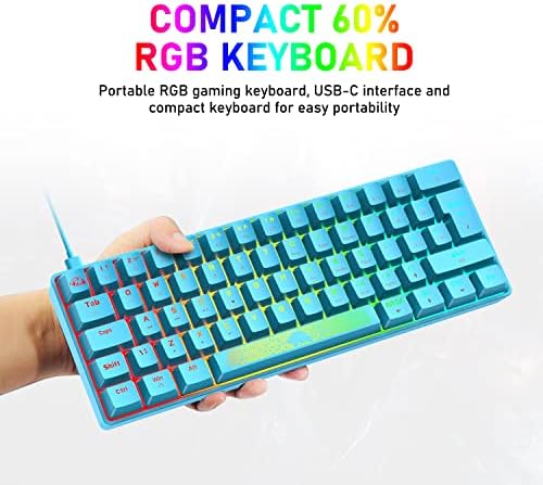 Clavier Mécanique 60% Interrupteur Rouge, Compact 62 Touches USB C Fil RVB Effets Rétroéclairés Clavier Gaming Ergonomique Rétroéclairage LED Arc-en-Ciel Compatible avec PS4, Xbox, PC, MAC - Bleu - Image 5