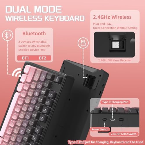 FREEWOLF M96 Clavier de Jeu Membrane sans Fil, Bouton de Commande Bluetooth/2,4 G, Sensation Mécanique, Rétroéclairage LED RVB, écran d'affichage, Touches PBT, 3000 mAh, QWERTY - Rose Dégradé - Image 4
