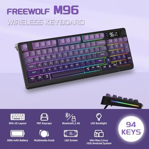 FREEWOLF M96 Clavier de Jeu Membrane sans Fil, Bouton de Commande Bluetooth/2,4 G, Sensation Mécanique, Rétroéclairage LED RVB, écran d'affichage, Touches PBT, 3000 mAh, QWERTY - Violet Dégradé - Image 3