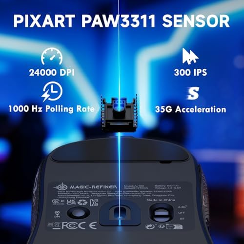 MAGIC-REFINER AJ199 Souris De Jeu sans Fil Superlégère 49g avec Bande De Prise en Main, Capteur PAW3311, MCU BK3633, 24KDPI Réglable, 1KHz, BT/2.4G/Fil, 600mAh Rechargeable, pour PC/Win/Mac, Noir - Image 6