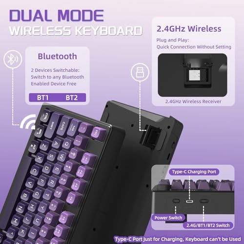 FREEWOLF M96 Clavier de Jeu Membrane sans Fil, Bouton de Commande Bluetooth/2,4 G, Sensation Mécanique, Rétroéclairage LED RVB, écran d'affichage, Touches PBT, 3000 mAh, QWERTY - Violet Dégradé - Image 4
