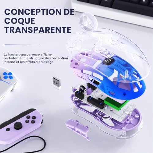 Souris De Jeu Sans Fil A2, Souris De Jeu Pc Double Mode 2,4 G/Bluetooth, Souris Rvb Avec Écran d'Affichage De Batterie, Coque Transparente, Pixart 3212 4000DPI, pour Win/MAC,Violet Crépuscule - Image 5