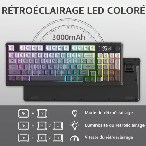 FREEWOLF M96 Clavier de Jeu Membrane sans Fil, Bouton de Commande Bluetooth/2,4 G, Sensation Mécanique, Rétroéclairage LED RVB, écran d'affichage, Touches PBT, 3000 mAh, QWERTY - Noir Dégradé - Image 7