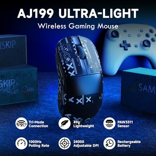 MAGIC-REFINER AJ199 Souris De Jeu sans Fil Superlégère 49g avec Bande De Prise en Main, Capteur PAW3311, MCU BK3633, 24KDPI Réglable, 1KHz, BT/2.4G/Fil, 600mAh Rechargeable, pour PC/Win/Mac, Noir - Image 3