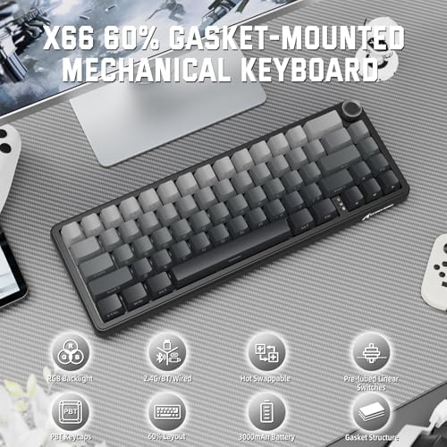 X Attack Shark X66 Clavier Mécanique sans Fil 65% avec Bouton, Clavier De Jeu RGB Échange Chaud 60%, BT/2,4 G/USB-C, Linear Switch, Touches PBT Imprimées sur Le Côté -Nuit Au Clair De Lune - Image 3