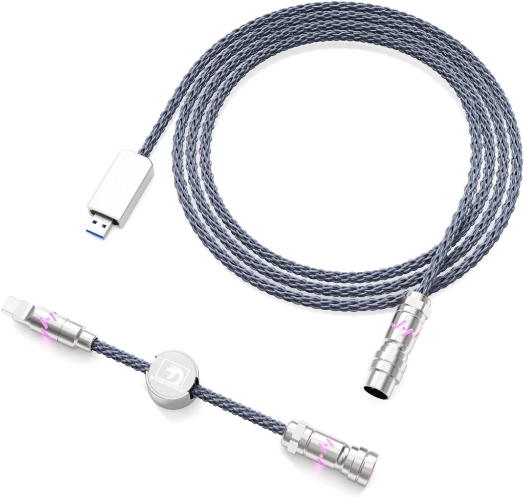 MAMBASNAKE C07 USB C Câble Clavier pour Clavier Magnétique 8KHz, Câble de Charge Tressé, RGB Réglable, Transfert de Données, 1,5M USB A vers Type C, Connecteur Aéronautique CNC 5 Broches (Gris)