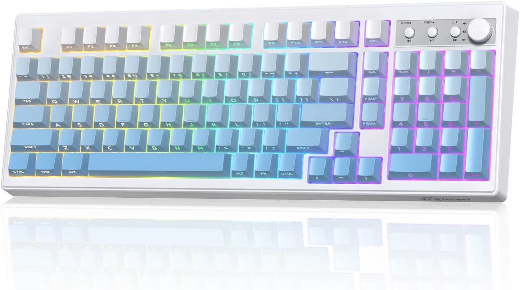 FREEWOLF K100 Clavier Gamer sans Fil à Membrane RGB avec Pavé Numérique, Connexion Bluetooth/2.4G sans Fil/USB-C Filaire, Touches Gravées sur Les Côtés PBT Dégradé, 4000mAh, Knob Multimédia - Bleu