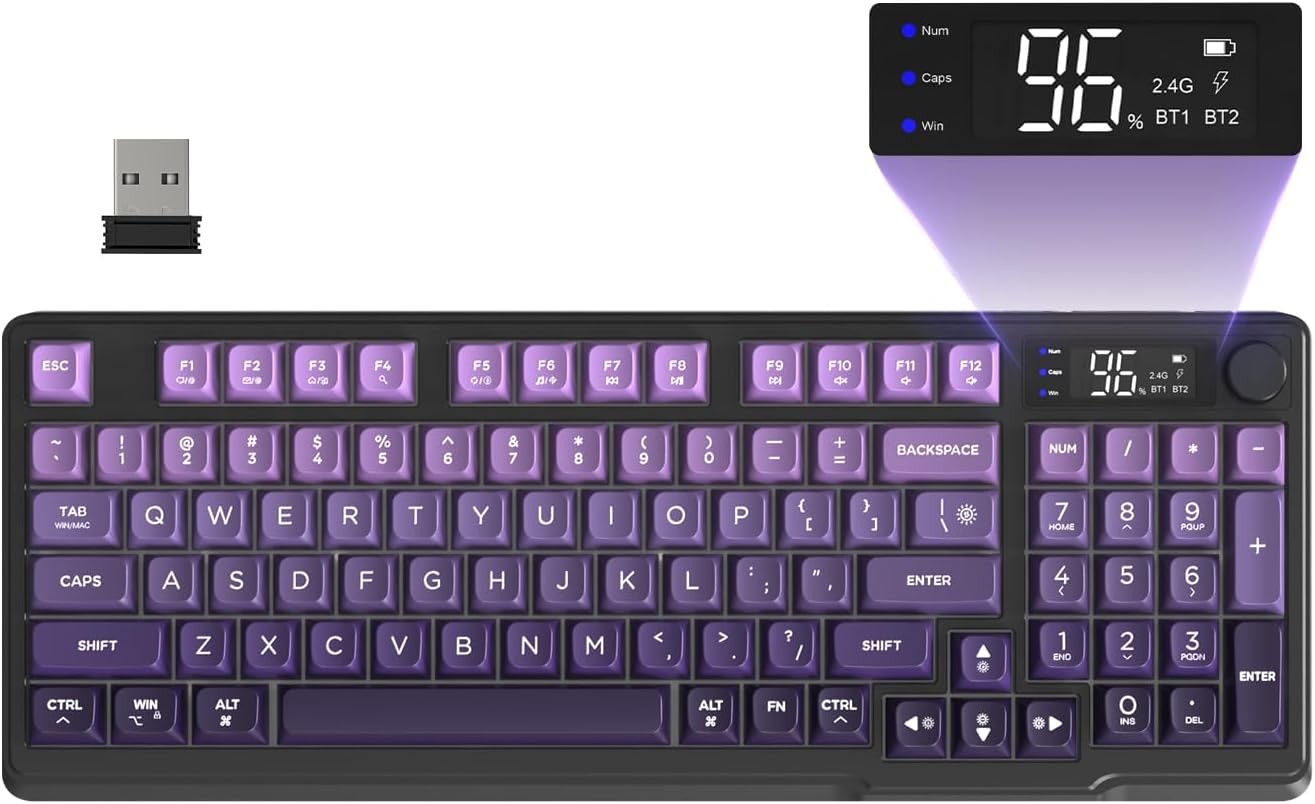 FREEWOLF M96 Clavier de Jeu Membrane sans Fil, Bouton de Commande Bluetooth/2,4 G, Sensation Mécanique, Rétroéclairage LED RVB, écran d'affichage, Touches PBT, 3000 mAh, QWERTY - Violet Dégradé