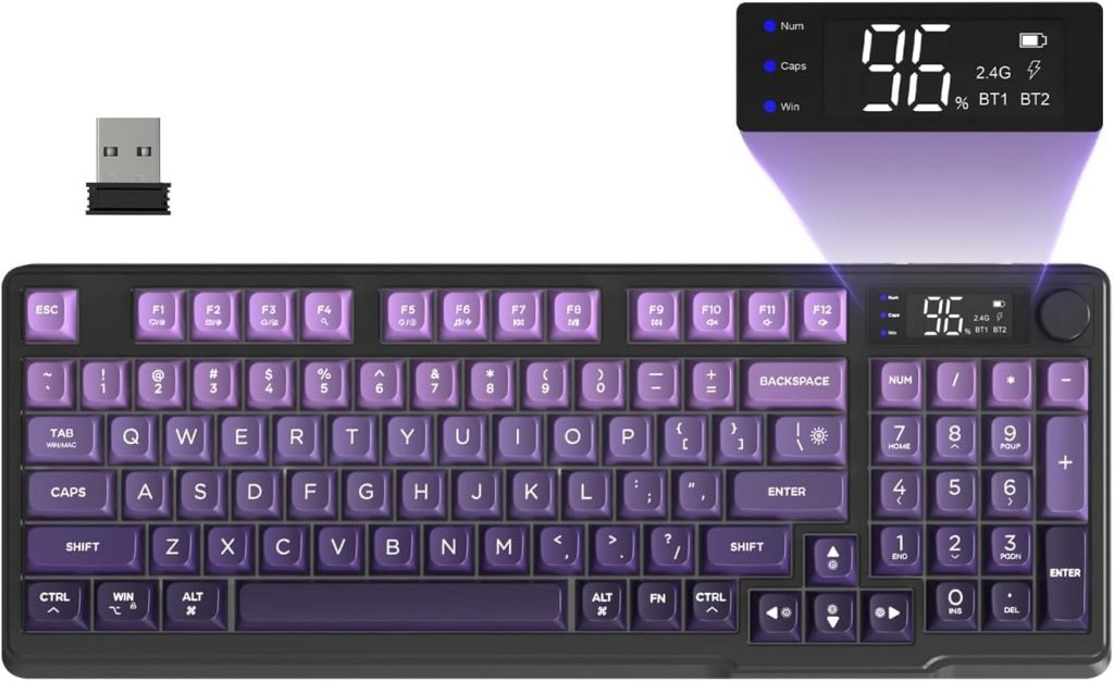 FREEWOLF M96 Clavier de Jeu Membrane sans Fil, Bouton de Commande Bluetooth/2,4 G, Sensation Mécanique, Rétroéclairage LED RVB, écran d'affichage, Touches PBT, 3000 mAh, QWERTY - Violet Dégradé