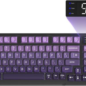 FREEWOLF M96 Clavier de Jeu Membrane sans Fil, Bouton de Commande Bluetooth/2,4 G, Sensation Mécanique, Rétroéclairage LED RVB, écran d'affichage, Touches PBT, 3000 mAh, QWERTY - Violet Dégradé