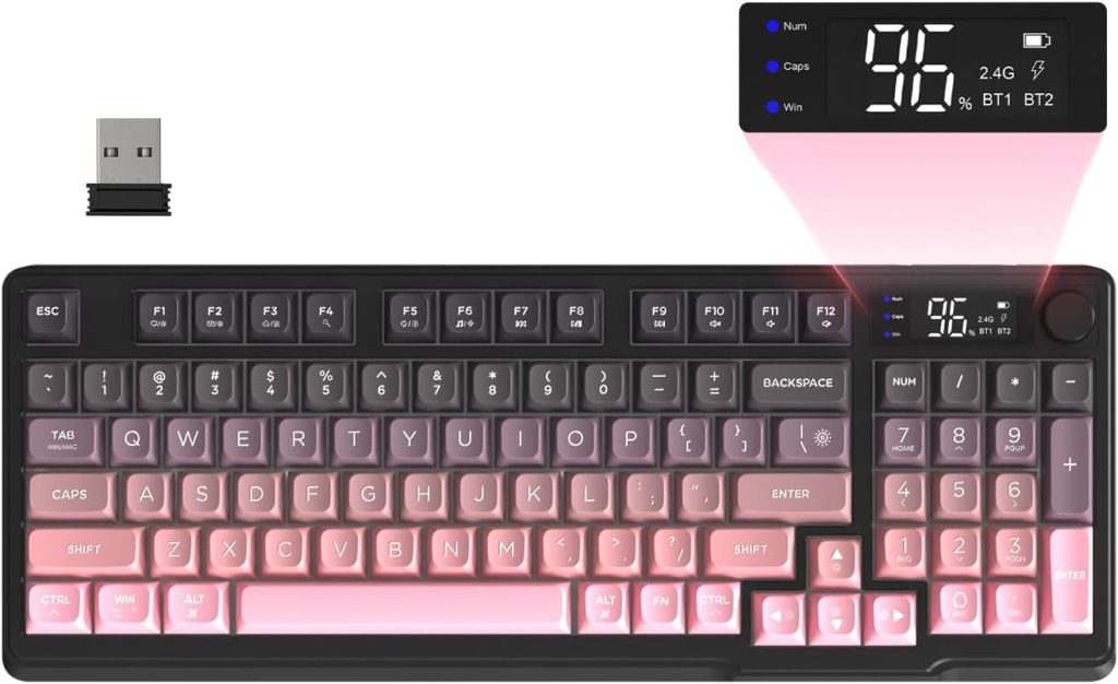 FREEWOLF M96 Clavier de Jeu Membrane sans Fil, Bouton de Commande Bluetooth/2,4 G, Sensation Mécanique, Rétroéclairage LED RVB, écran d'affichage, Touches PBT, 3000 mAh, QWERTY - Rose Dégradé