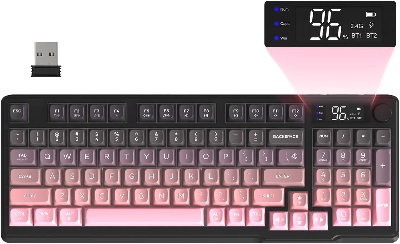 FREEWOLF M96 Clavier de Jeu Membrane sans Fil, Bouton de Commande Bluetooth/2,4 G, Sensation Mécanique, Rétroéclairage LED RVB, écran d'affichage, Touches PBT, 3000 mAh, QWERTY - Rose Dégradé