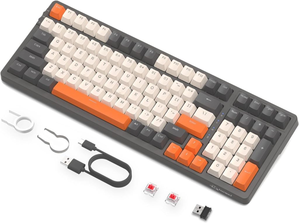 FREEWOLF K8 Clavier de Jeu Mécanique Sans Fil à échange à Chaud, Clavier Filaire Rétroéclairé RGB, Commutateur Rouge, Bluetooth/2,4 GHz/USB-C Tri Mode avec batterie 4000 mAh pour Mac/Win – Gris/Orange