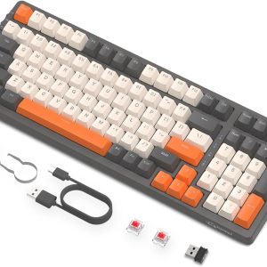 FREEWOLF K8 Clavier de Jeu Mécanique Sans Fil à échange à Chaud, Clavier Filaire Rétroéclairé RGB, Commutateur Rouge, Bluetooth/2,4 GHz/USB-C Tri Mode avec batterie 4000 mAh pour Mac/Win – Gris/Orange