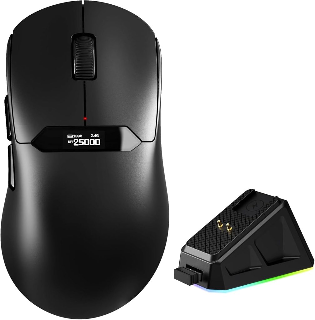 MAGIC-REFINER R1 Souris Gamer sans Fil avec Station de Charge Magnétique RGB, Capteur Gaming PixArt PAW3311, 25000 DPI, Souris BT/2.4G sans Fil/Filaires, Écran Numérique, Pilote Web pour PC/Mac-Noir