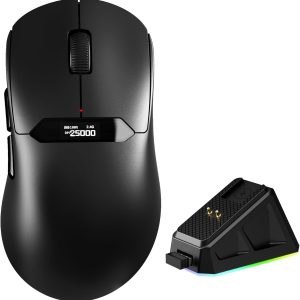 MAGIC-REFINER R1 Souris Gamer sans Fil avec Station de Charge Magnétique RGB, Capteur Gaming PixArt PAW3311, 25000 DPI, Souris BT/2.4G sans Fil/Filaires, Écran Numérique, Pilote Web pour PC/Mac-Noir