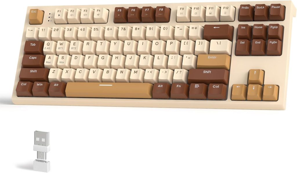 FREEWOLF M88 TKL Clavier de Jeu sans Fil, Bluetooth/2,4 GHz, Clavier Mécanique Remplaçable à Chaud,Récepteur 2 en 1 de Type C/USB A, 87Touches PBT, Interrupteur Rouge pour PC/Mac - Brun Blanc