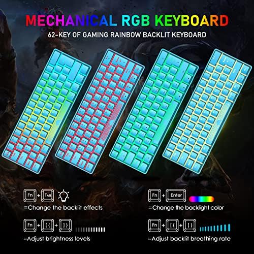 Clavier Mécanique 60% Interrupteur Rouge, Compact 62 Touches USB C Fil RVB Effets Rétroéclairés Clavier Gaming Ergonomique Rétroéclairage LED Arc-en-Ciel Compatible avec PS4, Xbox, PC, MAC - Bleu - Image 3