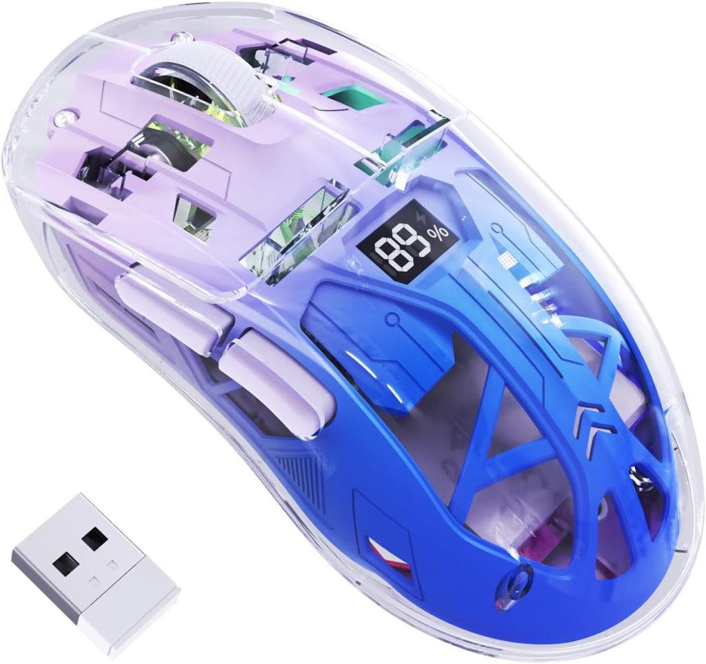 FREEWOLF Souris De Jeu Sans Fil A2, Souris De Jeu Pc Double Mode 2,4 G/Bluetooth, Souris Rvb Avec Écran d'Affichage De Batterie, Coque Transparente, Pixart 3212 4000DPI, pour Win/MAC,Violet Crépuscule