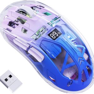 FREEWOLF Souris De Jeu Sans Fil A2, Souris De Jeu Pc Double Mode 2,4 G/Bluetooth, Souris Rvb Avec Écran d'Affichage De Batterie, Coque Transparente, Pixart 3212 4000DPI, pour Win/MAC,Violet Crépuscule