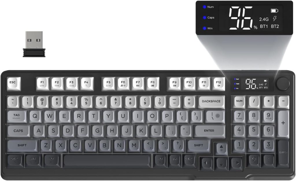 FREEWOLF M96 Clavier de Jeu Membrane sans Fil, Bouton de Commande Bluetooth/2,4 G, Sensation Mécanique, Rétroéclairage LED RVB, écran d'affichage, Touches PBT, 3000 mAh, QWERTY - Noir Dégradé
