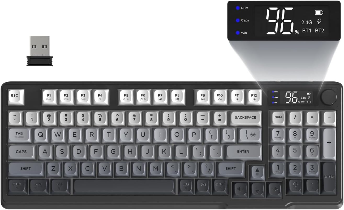 FREEWOLF M96 Clavier de Jeu Membrane sans Fil, Bouton de Commande Bluetooth/2,4 G, Sensation Mécanique, Rétroéclairage LED RVB, écran d'affichage, Touches PBT, 3000 mAh, QWERTY - Noir Dégradé