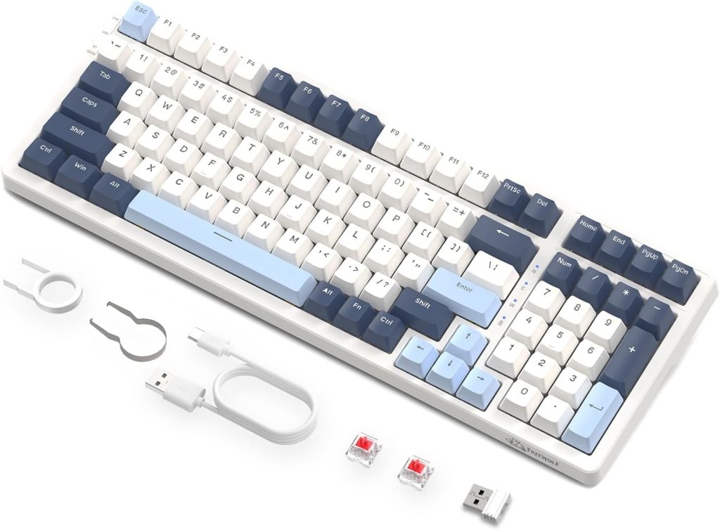 FREEWOLF K8 Clavier de Jeu Mécanique sans Fil à échange à Chaud, Clavier Filaire Rétroéclairé RGB, Commutateur Rouge, Bluetooth/2,4 GHz/USB-C Tri Mode avec Batterie 4000 mAh pour Mac/Win – Bleu/Blanc