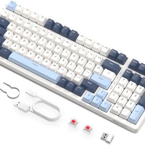 FREEWOLF K8 Clavier de Jeu Mécanique sans Fil à échange à Chaud, Clavier Filaire Rétroéclairé RGB, Commutateur Rouge, Bluetooth/2,4 GHz/USB-C Tri Mode avec Batterie 4000 mAh pour Mac/Win – Bleu/Blanc