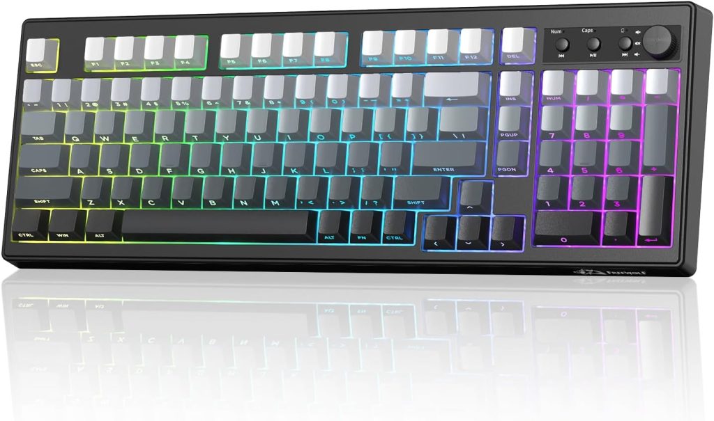 FREEWOLF K100 Clavier Gamer sans Fil à Membrane RGB avec Pavé Numérique, Connexion Bluetooth/2.4G sans Fil/USB-C Filaire, Touches Gravées sur Les Côtés PBT Dégradé, 4000mAh, Knob Multimédia - Noir