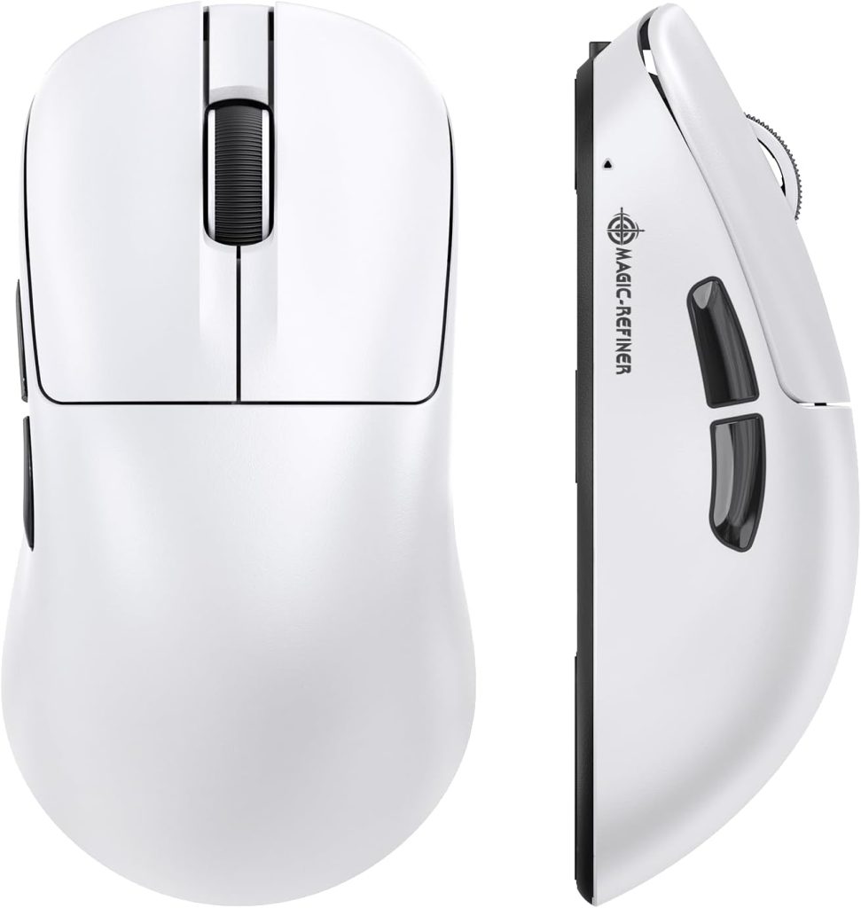 MAGIC-REFINER AJ199 Souris De Jeu sans Fil Superlégère 49g, Capteur PAW3311, MCU BK3633 Mis À Jour, 24KDPI Réglable, 1000Hz, BT/2.4G/Fil, 600mAh Rechargeable, pour PC/Win/Mac, Blanc