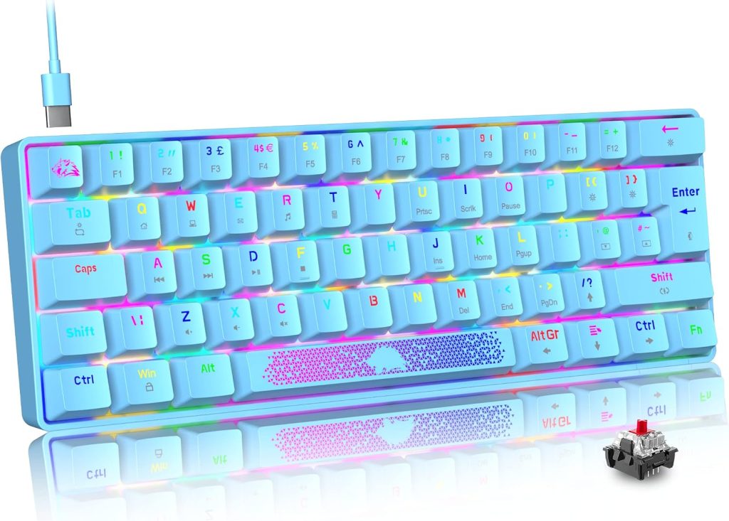 Clavier Mécanique 60% Interrupteur Rouge, Compact 62 Touches USB C Fil RVB Effets Rétroéclairés Clavier Gaming Ergonomique Rétroéclairage LED Arc-en-Ciel Compatible avec PS4, Xbox, PC, MAC - Bleu
