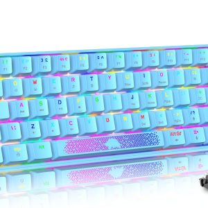 Clavier Mécanique 60% Interrupteur Rouge, Compact 62 Touches USB C Fil RVB Effets Rétroéclairés Clavier Gaming Ergonomique Rétroéclairage LED Arc-en-Ciel Compatible avec PS4, Xbox, PC, MAC - Bleu